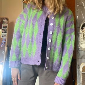 VERGE GIRL Retro Filter Button Front knit Top in Green/Purple Checks